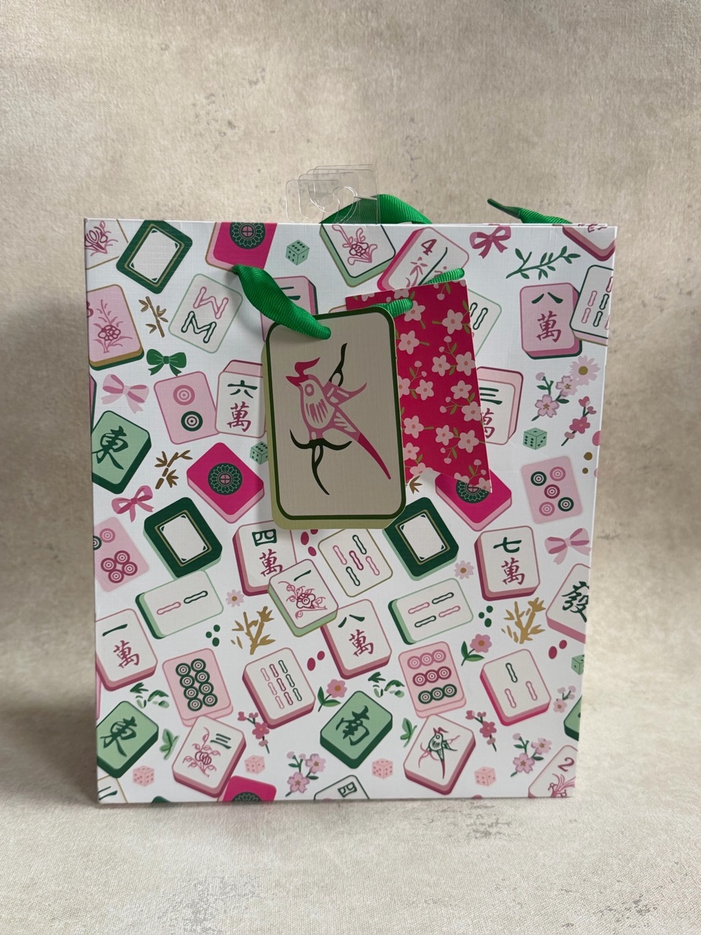 Floral Mahjong Pattern Gift Bag - Pink & Green